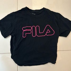 Small black and neon pink fila semi cropped t-shirt